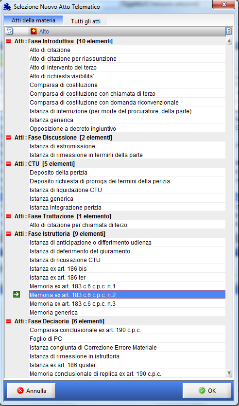 Si aprirà la finestra per la scelta dell atto da depositare, selezionare l atto da depositare: Come potrete rilevare mancano ancora alcune tipologie di atti: