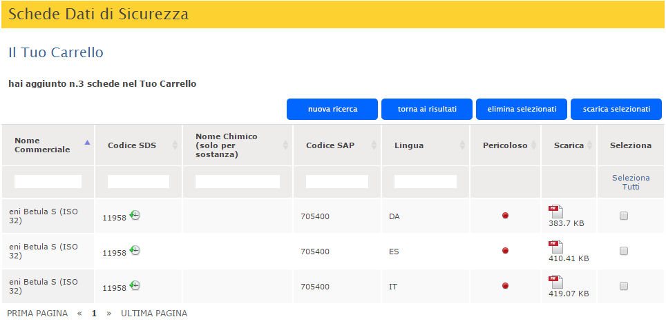 Le SDS selezionate nella pagina di ricerca vengono inserite nel carrello.