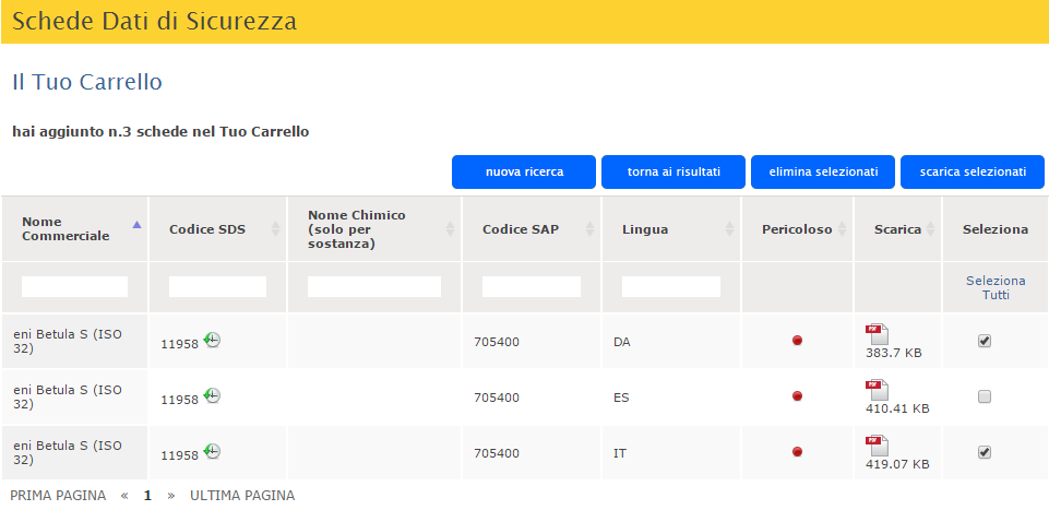 Portale Schede dati di Sicurezza - Manuale d Uso Il carrello presenta le stesse funzionalità già viste nella pagina dei risultati di ricerca.