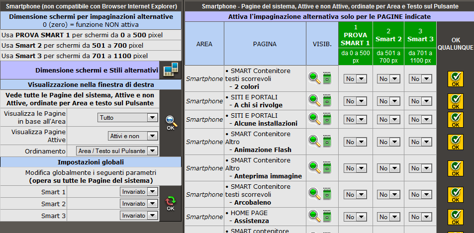 Timer/Smart Pagina 18 Siti per Smartphone Questa sezione permette di definire quali pagine visualizzare in base alla larghezza del Browser del navigatore: Oltre all'impaginazione standard sono