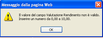 Valutazione Rendimento (media scolastica): deve essere un valore numerico con al massimo due decimali nell intervallo da