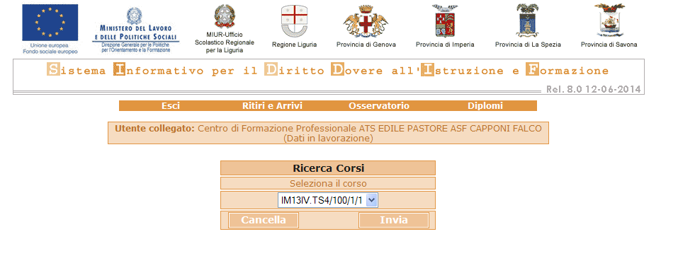 Pag. 6/41 collegato per permettere la selezione del corso nel quale si sta svolgendo la formazione per l ottenimento del Diploma Professionale: Selezionando il corso premendo sul pulsante Invia si