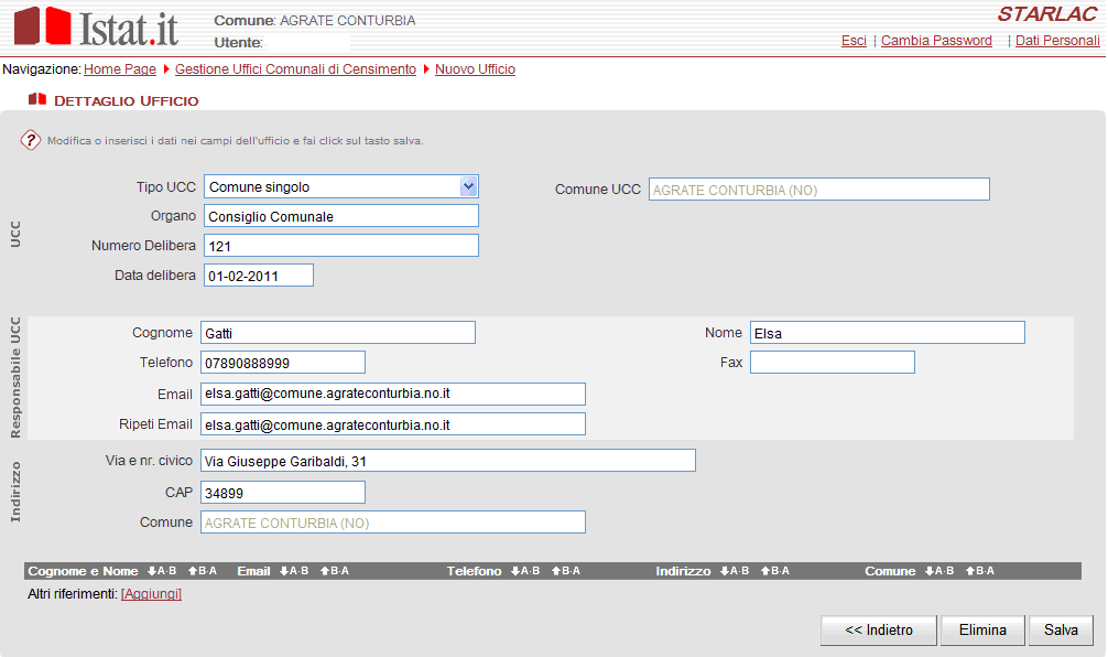 COSTITUZIONE UCC IN FORMA SINGOLA Nel caso di costituzione di UCC in forma singola, apparirà la seguente pagina: Esempio di compilazione DETERMINAZIONE DIRIGENZIALE 1245 23-02-2011 da compilare in