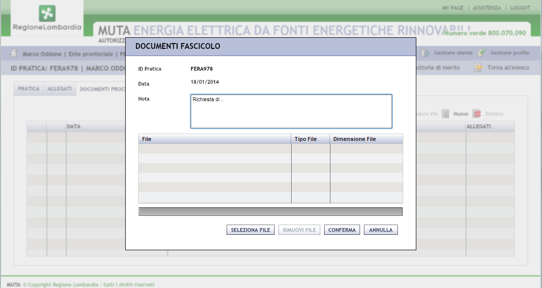 Figura 22 Fascicolo: sezione Documenti procedimento Per inserire la documentazione occorre selezionare il tasto Nuova richiesta : Figura 23 Inserimento