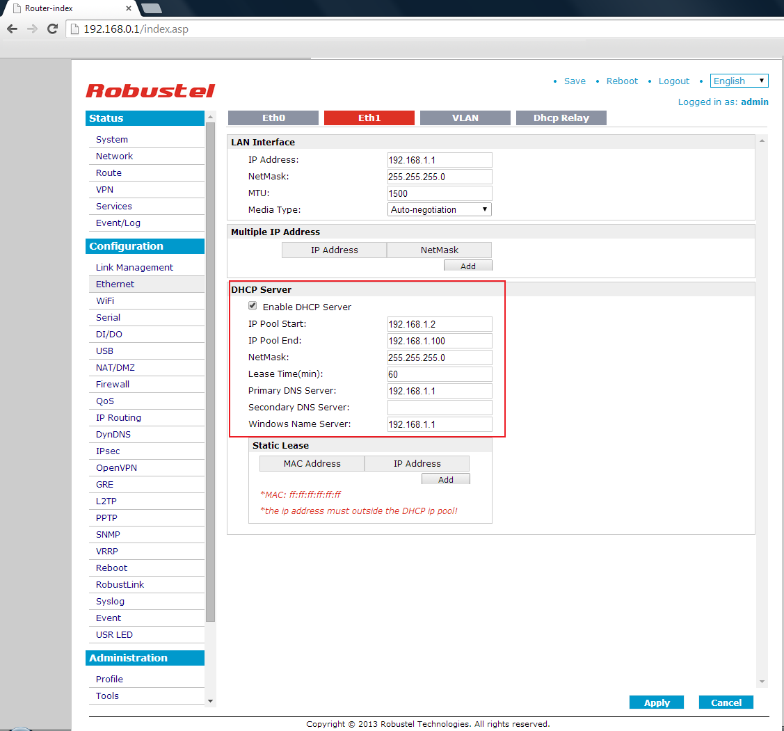 Fig.7 Assegnazione Pool indirizzi DHCP Server Una volta eseguito le modifiche necessarie premere il pulsante Apply e Save per confermare le impostazioni.