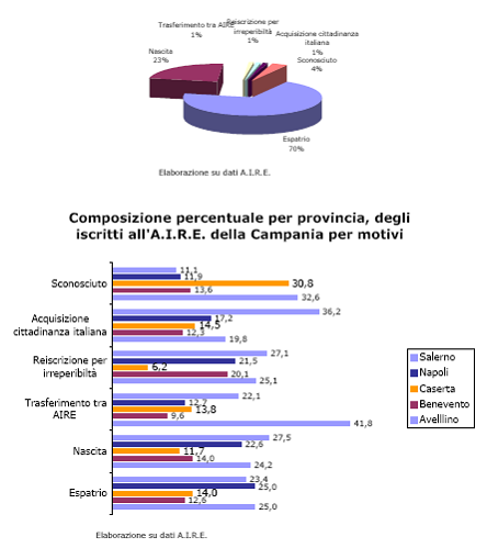 Il 70% risiede all'estero per motivo di espatrio, di cui per il 25% sono provenienti sia dalla provincia di Avellino che da quella di Napoli, i provenienti dalla provincia di Salerno ne rappresentano