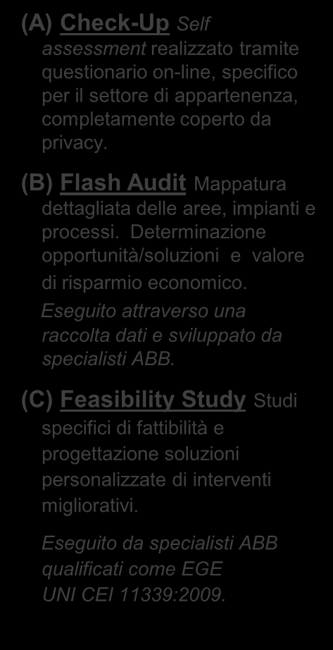 L approccio globale ABB per l efficienza energetica La scalabilità dell analisi ANALISI (Identificazione potenziale di efficienza registro delle opportunità) Check-up Flash Audit Feasibility Study