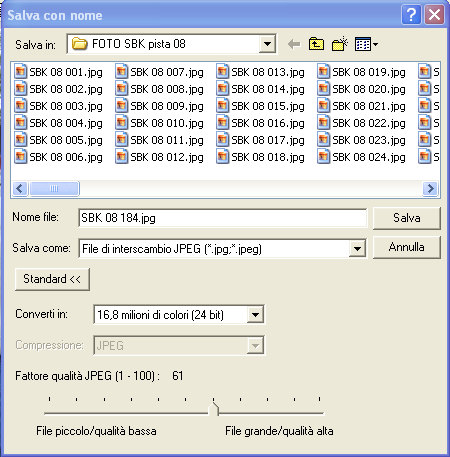 Come si noterà nel formato ridotto al 20% le dimensioni in pixel sono diventate pari a 614 X 460 rispetto ai 3.072 X 2.304 originali. Conseguentemente le dimensioni del file sono passate da 2.