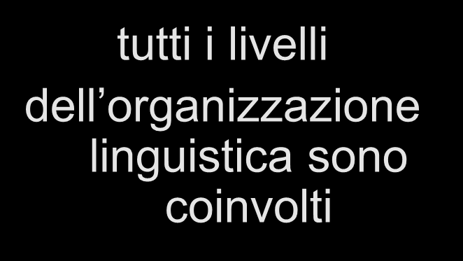 FUNZIONI STRUMENTALI: DEFICIT LINGUISTICI tutti i livelli dell organizzazione linguistica sono coinvolti eloquio: ridotto, con frasi semplificate, parole passepartout, informazione scarsa,