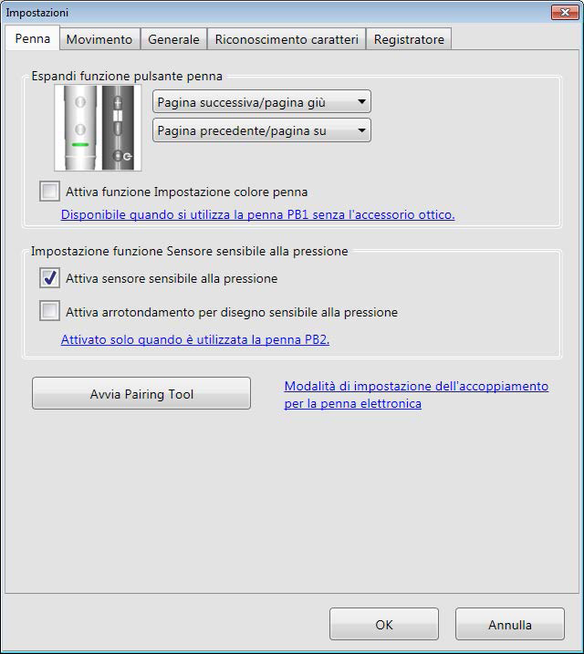 Scheda penna (solo serie PB) Quando è utilizzata la penna elettronica della serie PB, la scheda Penna è visualizzata nelle impostazioni per l impostazione della penna elettronica.