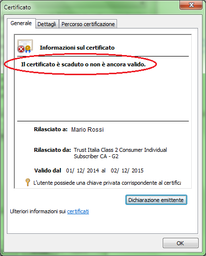 Verificare che la data di scadenza del certificato individuale di Trust Italia sia successiva alla data attuale selezionando il certificato e cliccando sul bottone "Visualizza" si apre la finestra
