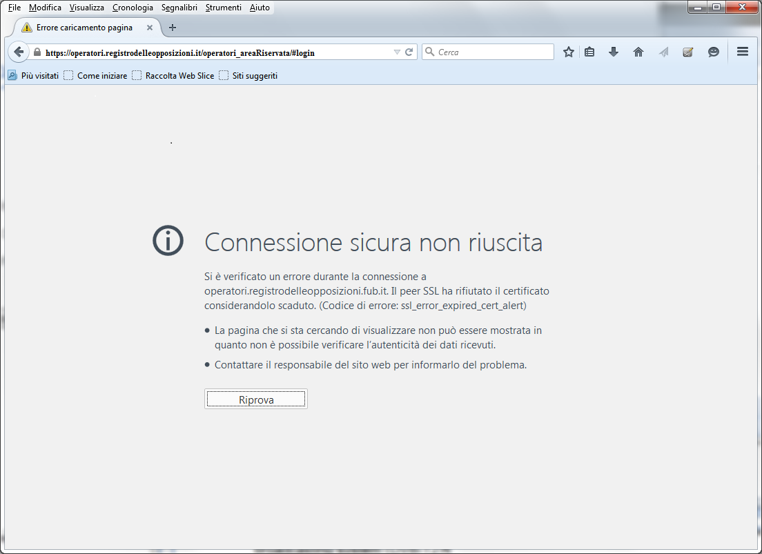 Firefox Verifica della problematica Dopo l'8 luglio 2015 il problema di accesso si manifesta con una pagina di questo tipo: Per verificare se la problematica di accesso dipende dal mancato