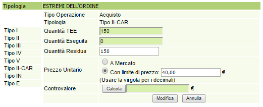 Pagina 14 3.2.4 Modifica di un ordine immesso L utente può modificare un ordine immesso e visualizzato nel proprio book personale cliccando l icona in corrispondenza dell ordine stesso.