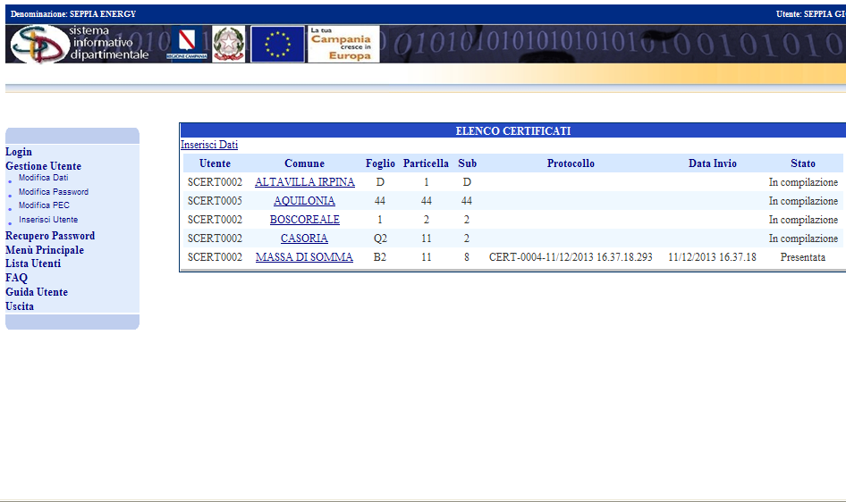 La lista ELENCO CERTIFICATI visualizzerà lo stato dei certificati inseriti.