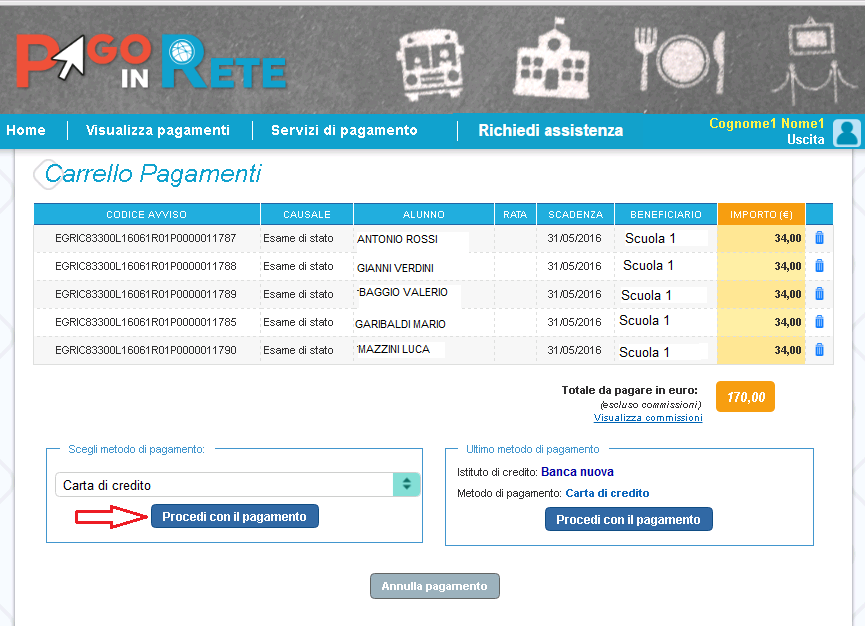 13. Pagamento con Carta di credito Per effettuare il pagamento con Carta di credito l utente deve seguire i seguenti step: Step 1 Nella pagina del Carrello pagamenti l utente sceglie di pagare