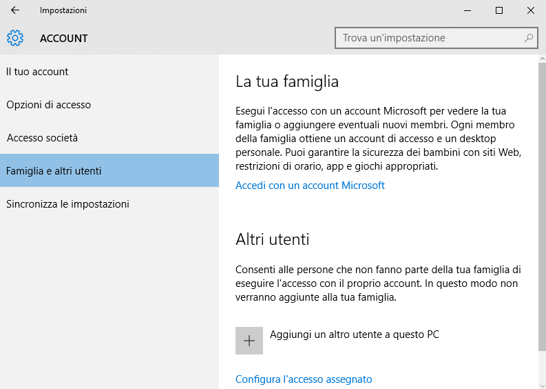 Per creare un nuovo utente con accesso limitato sul web sarà necessario cliccare su NB: Da qui in poi la guida sarà basata sui passi da seguire utilizzando come sistema operativo Windows 10.