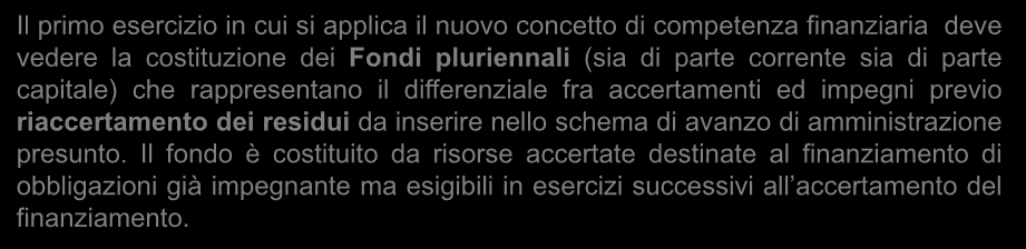 Principio di competenza finanziaria potenziata GLI ADEMPIMENTI Il primo esercizio in cui si applica il nuovo concetto di competenza finanziaria deve vedere la costituzione dei Fondi pluriennali (sia