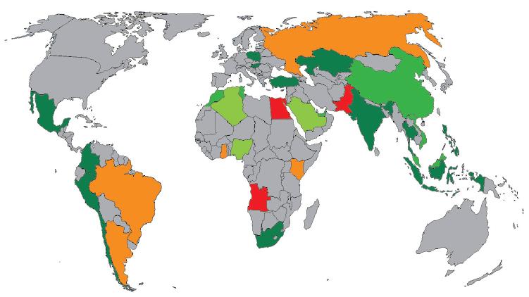 Pochi spazi di policy (Algeria, Arabia Saudita, Nigeria) Rischiosi (Argentina, Brasile, Ghana, Kenya, Russia) I più vulnerabili