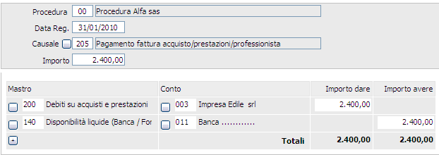 Causale 203: Fattura di acquisto/prestazioni di natura generica. Causale 204: Fattura compenso Curatore.