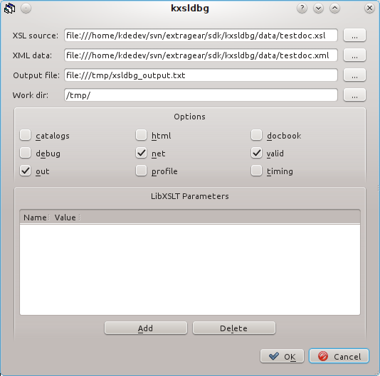 Capitolo 2 Usare KXSLDbg 2.1 Configurare una Sessione KXSLDbg Puoi iniziare la configurazione facendo clic nella barra dei Menu su Debug Configura.