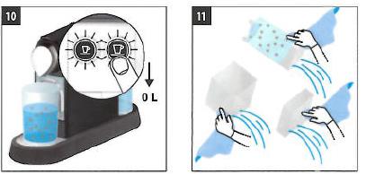 6) Premere simultaneamente entrambi i tasti caffè (3 sec.) per entrare in modalità decalcificazione. 7-8) Premere un tasto qualsiasi per avviare il processo di decalcificazione.