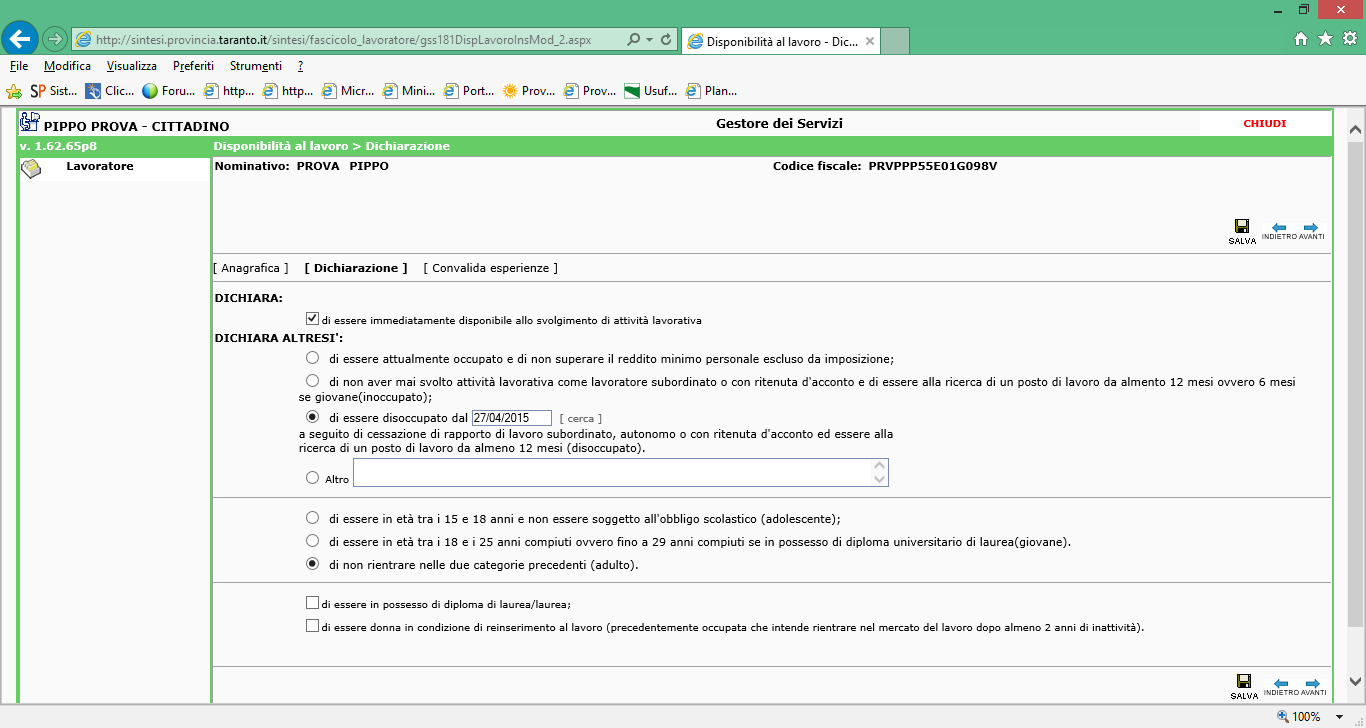 Si aprirà la pagina ANAGRAFICA. La pagina è proposta in automatico dal sistema ed è immodificabile; pertanto, per proseguire è necessario cliccare sulla freccia blu AVANTI in basso o in alto a destra.