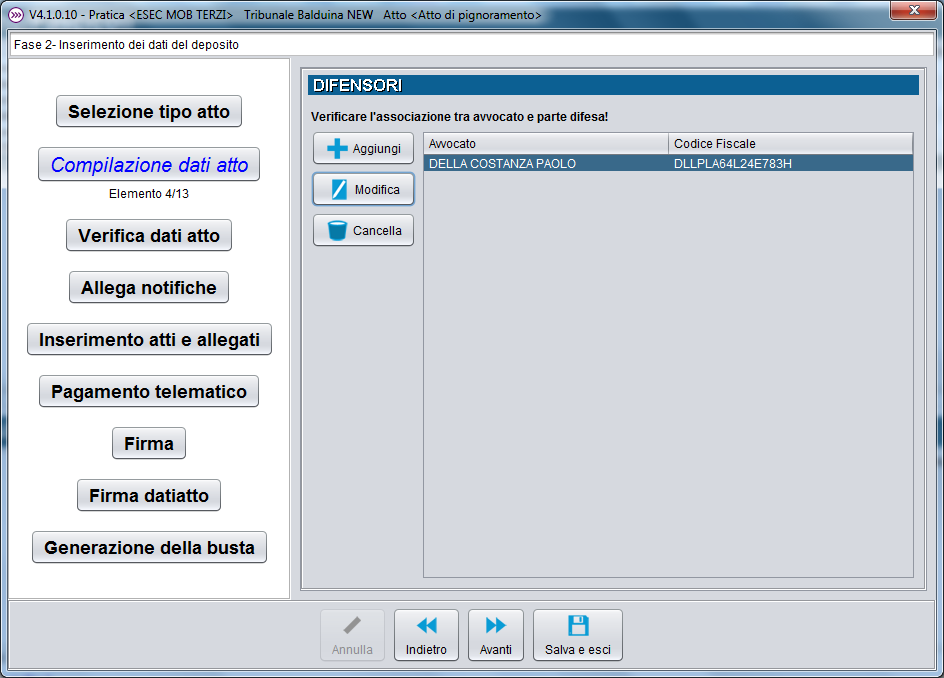 La scheda anagrafica è la stessa precedentemente descritta. Pertanto valgono le stesse regole. Andando avanti si arriva alla scheda dei difensori.