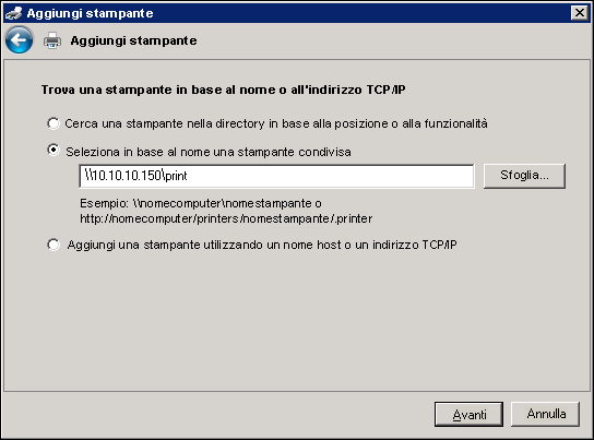 CONFIGURAZIONE DEI COLLEGAMENTI DI STAMPA 27 Su Windows Server 2008: fare clic su Seleziona in base al nome una stampante condivisa e, nel campo URL, digitare l'indirizzo IP o il nome DNS di Fiery
