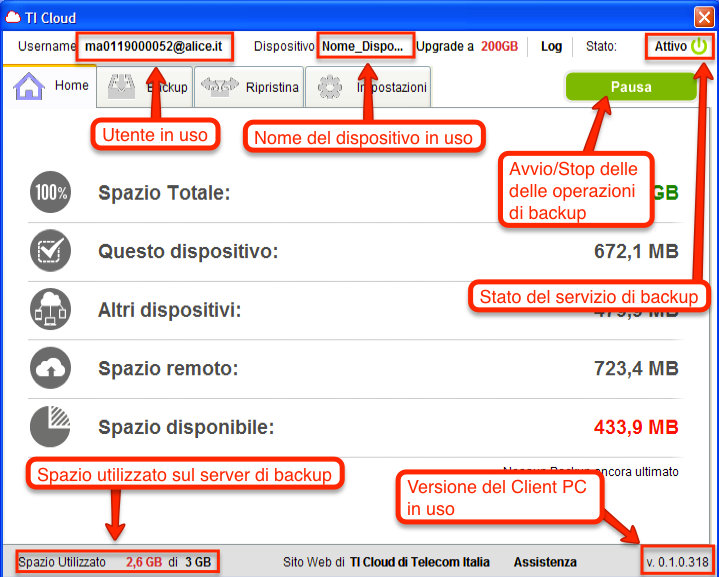 All avvio l applicazione mostra la sezione Home ma nella finestra di interfaccia utente sono presenti delle informazioni nella cornice comuni a tutte le sezioni.