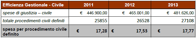 Efficienza nella gestione finanziaria Ai fini di un analisi dell efficienza nella gestione delle risorse finanziarie a disposizione, è utile analizzare le spese sostenute per singolo procedimento