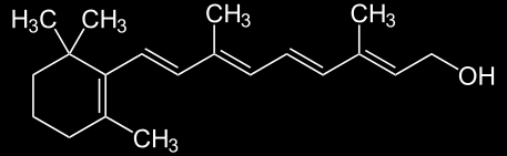 VITAMINA A (retinolo) La vitamina A è un composto isoprenoide contenente un anello a sei atomi di carbonio e una catena laterale composta da undici atomi di carbonio.