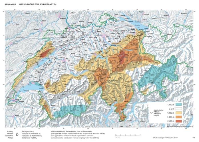 s k 2 h0 0.4 1 kn / m 350 2 Il carico da neve minimo da considerare per tutta la Svizzera è di 900 N e il calcolo vale fino a un altitudine di 2000 m.