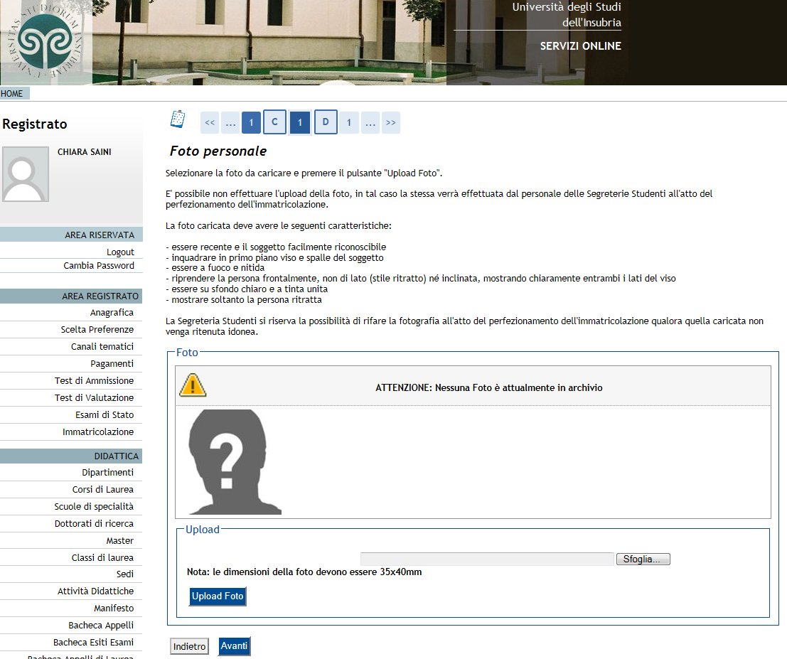 In questa schermata dovrete procedere all upload di una vostra foto di riconoscimento tipo fototessera e procedere cliccando su Avanti.