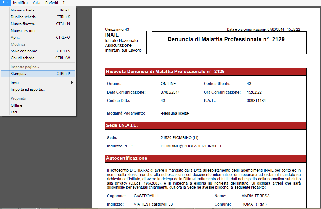 STAMPA DELLA DENUNCIA Ricerca certificati medici Aperto il modulo PDF della denuncia, la stampa si attiva dalla barra delle funzioni selezionando la funzione File e, nel menù proposto, l opzione