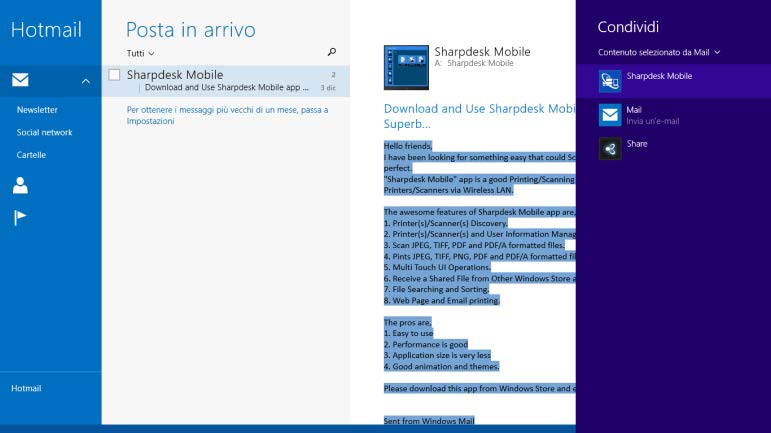 9 Stampa IV. Le applicazioni disponibili sono elencate nell'accesso Condivisione. Selezionare "Sharpdesk Mobile". V.