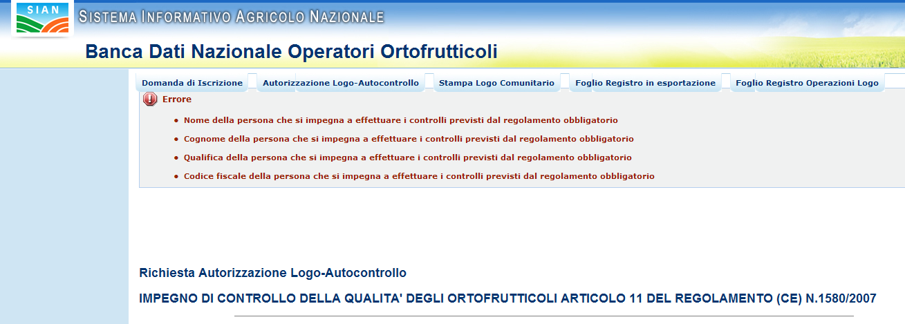 Figura 48: Inserimento Autorizzazione Logo Inserimento impegno di controllo strutture In questa pagina sono mostrati il numero di iscrizione, la ragione sociale e la partita IVA dell operatore