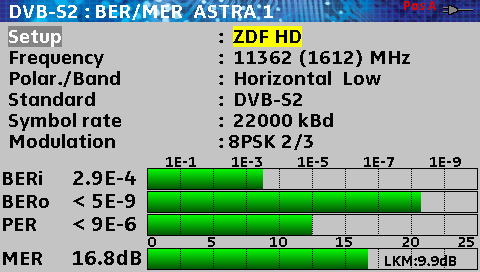 10.4 DVB-S2 (7808) TUNER DEMODULATOR LDPC BERi DECODING MPEG BCH BERo PER Visualizza le seguenti misure: BERi : tasso di errore pre LDPC BERo : tasso di errore post LDPC PER : tasso di errore post