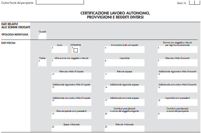 Il modello riporta, tra gli altri, i seguenti dati: al punto 1, la causale del pagamento (ad esempio A per le prestazioni di lavoro autonomo rientranti nell esercizio di arte o professione abituale,