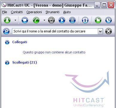 Guida all utilizzo Hitcast Attivazione applicativo HitCast Aprire il programma cliccando sull icona HitCast Unified Conferencing del desktop Collegare al computer cuffie/microfono e webcam ( se
