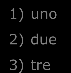 Liste Le liste (elenchi), puntate o numerate, si realizzano, rispettivamente, con i seguenti tag: <UL> </UL> <LI> uno