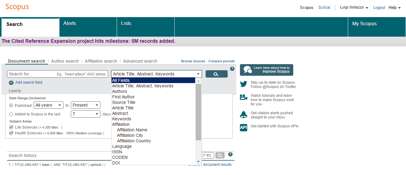 Homepage di Scopus: maschera di ricerca semplice Registrazione : stesso user ID e PW dell account ScienceDirect