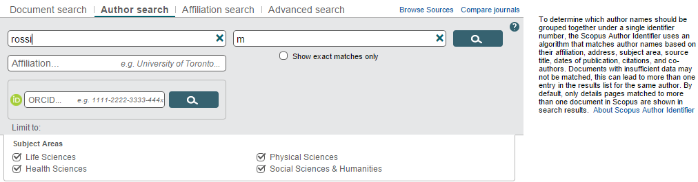 Ricerca di autori Limitazioni di interrogazione e possibilità di affinare la ricerca Scopus accorpa tutti i