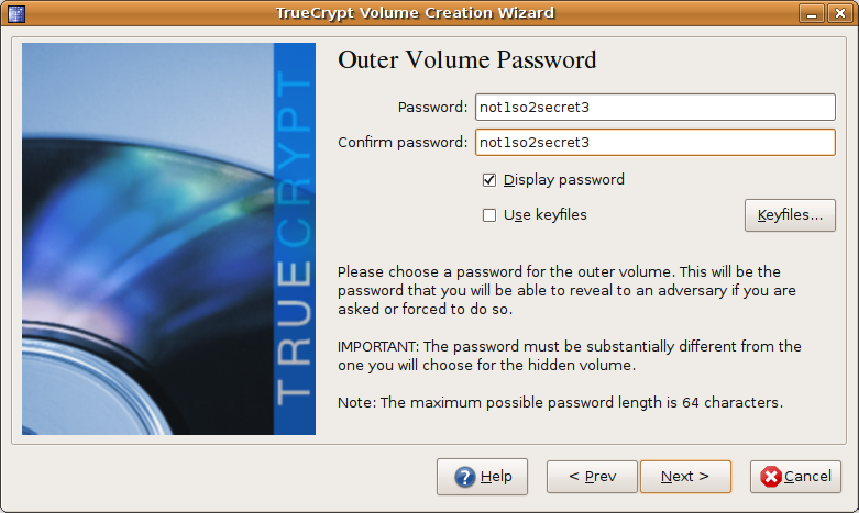 TRUECRYPT Impostiamo una password per