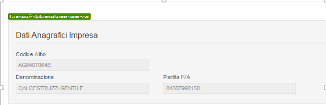 Il sistema visualizzerà un messaggi del crrett invi della visura.