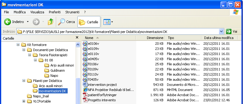 I file della chiavetta contenuta nel KIT Il formatore trova e può mostrare durante i corsi di Movimentazione - teoria condivisa ed indicazioni aziendali, - filmati