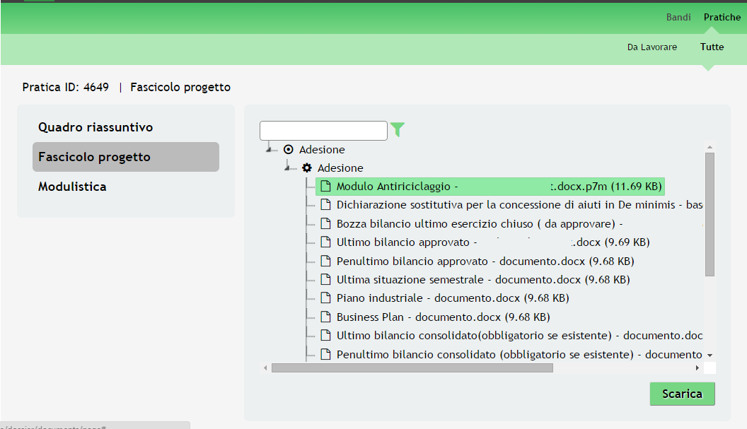 Figura 25 Quadro Riassuntivo Prendi in carico Fascicolo progetto: contiene i documenti che vengono caricati e scaricati dall utente.