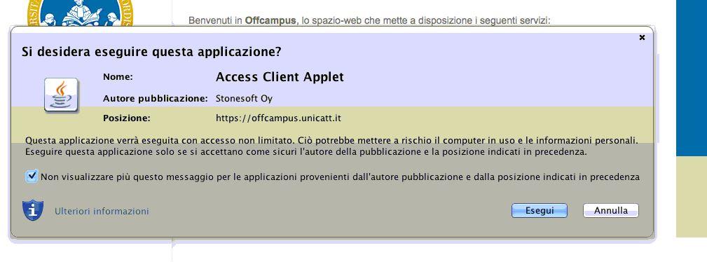 4. Cliccando di nuovo su Catalogo d Ateneo (OPAC) si aprirà il popup Access Client Loader 5.