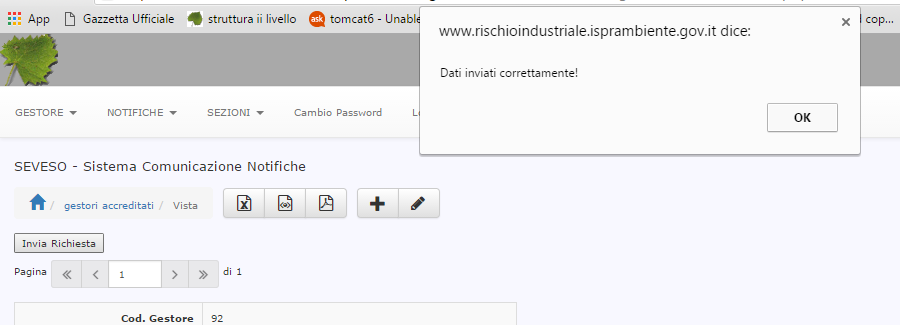 Il sistema invia quindi all indirizzo del gestore ed alla pec dello stabilimento una e-mail con oggetto Richiesta abilitazione invio notifiche effettuata con il riepilogo dei dati inseriti: