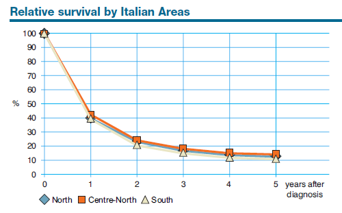 Fase preclinica nel tumore Figura 5 Curve di sopravvivenza dei tumori polmonari in Italia, entrambi i sessi, per area di residenza (fonte: AIRTUM 2010) polmonare Tumore aggressivo, breve
