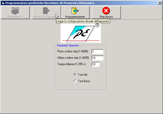 Fig. 1 Impostazioni: cliccare su questo pulsante e quando appare la finestra visualizzata in figura 2, selezionare e confermare la porta seriale del PC che si desidera utilizzare. Fig.